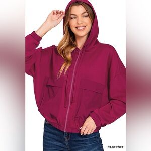 ZENANA NWT Jacket Scuba Cabernet Hoodie Zip Front Size Small - Large
